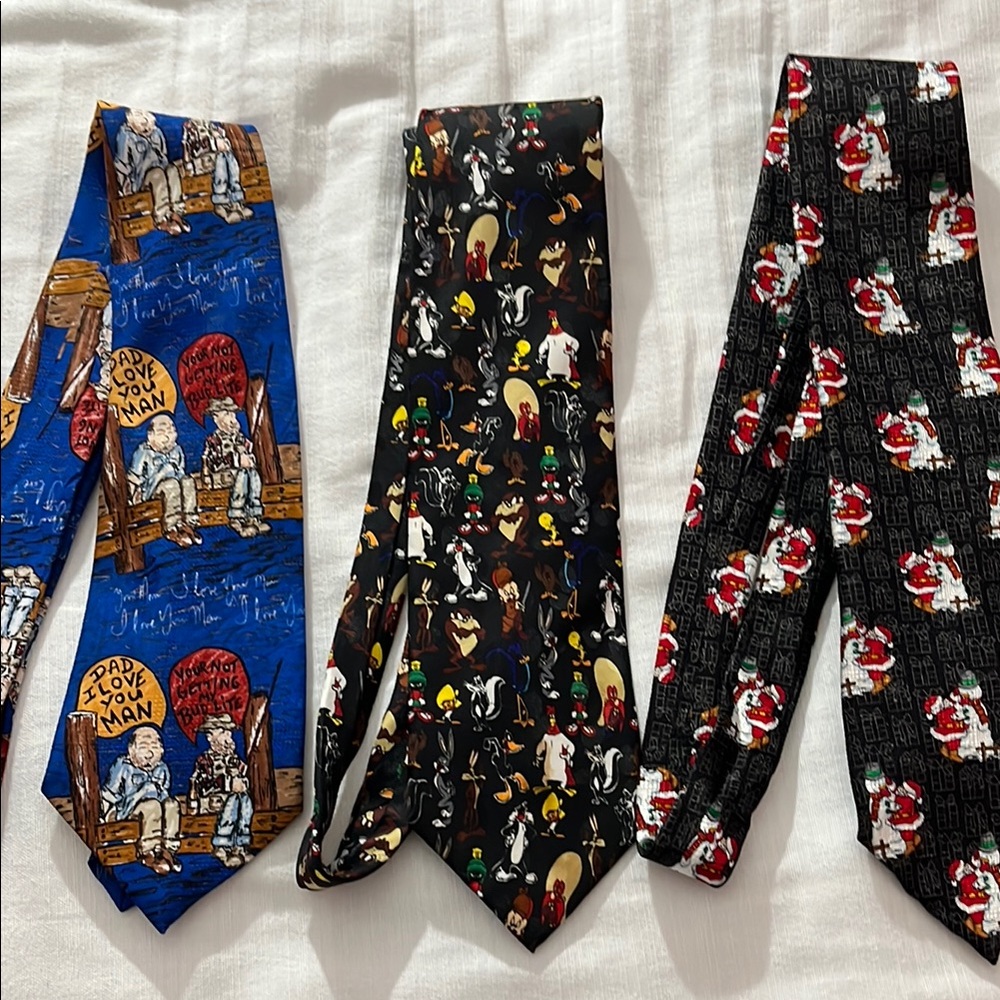 Set of 3 Whimsical Cartoon Men’s Dress Ties: Christmas, Looney Tunes, Budweiser